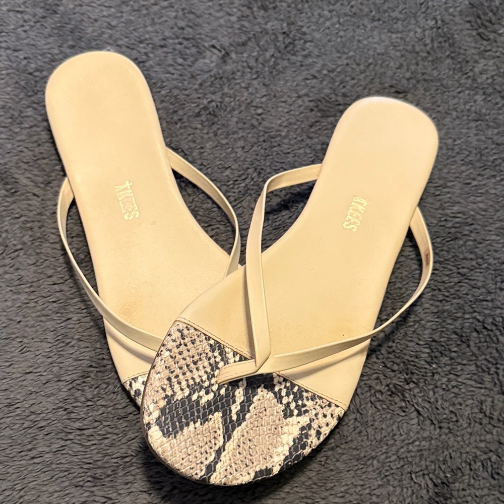 TKEES Beige and Black Snakeskin Sandals